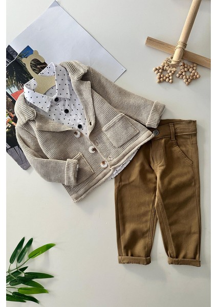 Triko Hırkalı Şık 3 Lü Erkek Çocuk takım - Bej