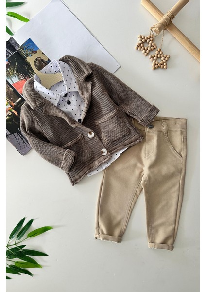 Triko Hırkalı Şık 3 Lü Erkek Çocuk takım - Kahverengi