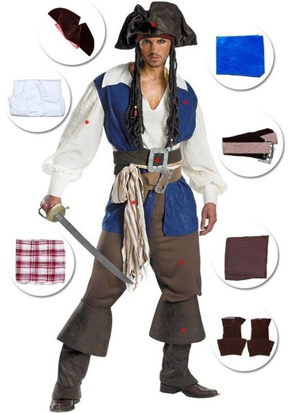 L Cadılar Bayramı Cosplay Pirate Kostümleri Üst Yu Pantolon Kemer Şapkası Ayak Kayışı 7 Pcs Seti | Tatil Kostümleri (Yurt Dışından)