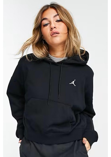 Jordan Essentialen Fleece Hoodie Loose Fit Black Kadın Büyük Beden Kapüşonlu Sweatshirt Siyah