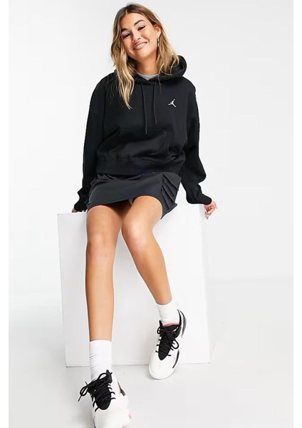 Jordan Essentialen Fleece Hoodie Loose Fit Black Kadın Büyük Beden Kapüşonlu Sweatshirt Siyah modelleri
