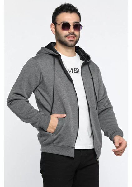 Kapüşonlu Fermuarlı Üç Iplik Şardonlu Erkek Sweatshirt