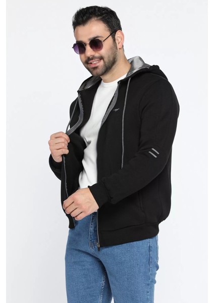 Kapüşonlu Fermuarlı Üç Iplik Şardonlu Erkek Sweatshirt