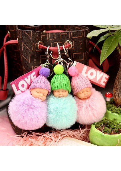 Mor Tarzı Sevimli Uyuyan Bebek Bebek Bebek Anahtarlığı Püskül Tavşan Tüy Topu Anahtarlıklar Araba Anahtarlık Kadın Anahtar Tutucu Çanta Kolye Şans Aksesuarları (Yurt Dışından) modelleri