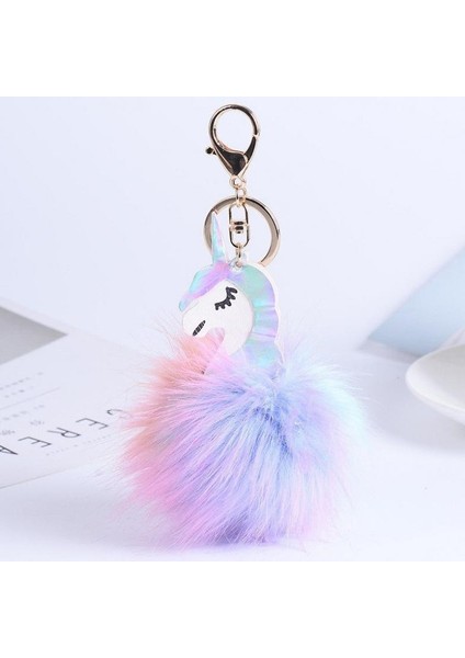 Tüylü Unicorn Anahtarlık Püskül Kürk Araba Anahtarı Zincir Çanta Süsü Anahtarlık Bol (Yurt Dışından)