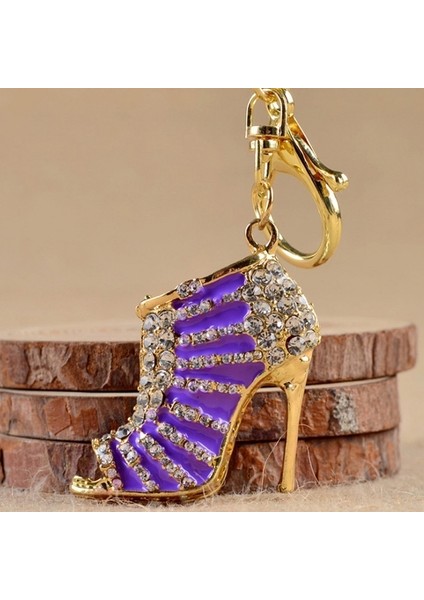 Altın Ve Koyu Mor Tarzı Topuklu Ayakkabı Anahtarlıkları Taşlı Ayakkabı Anahtarlık Şık Kadın Çanta Aksesuarı (Yurt Dışından)