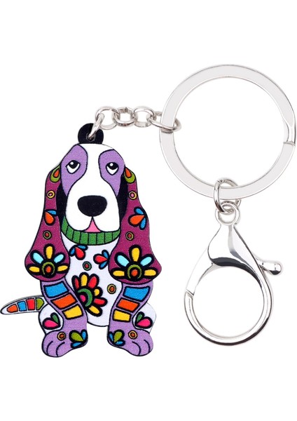 Mavi Stil Akrilik Karikatür Çiçekli Basset Hound Köpek Anahtarlık Halkası Anahtarlıklar Moda Hayvan Takı Kadınlar Kızlar Çanta Araba Anahtarları Şans (Yurt Dışından) fırsatları