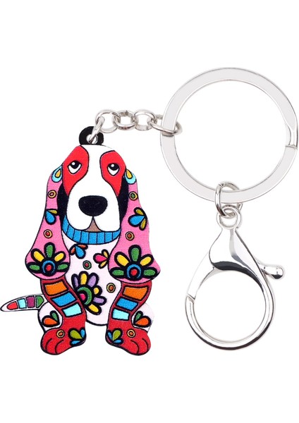 Kırmızı Stil Akrilik Karikatür Çiçekli Basset Hound Köpek Anahtarlık Halkası Anahtarlıklar Moda Hayvan Takı Kadınlar Kızlar Çanta Araba Anahtarları Şans (Yurt Dışından)