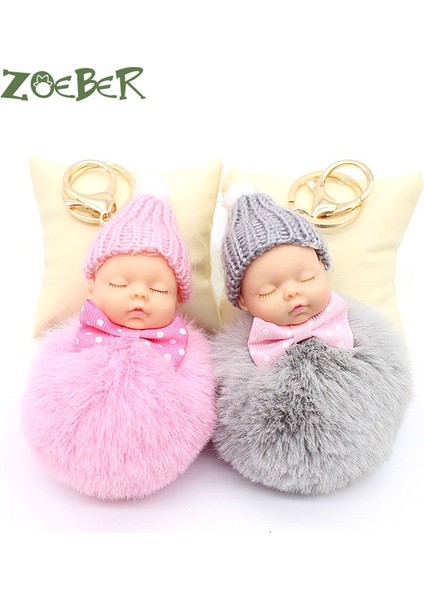 Beyaz Stil Uyuyan Bebek Bebek Anahtarlık Püskül Tavşan Kürk Topu Anahtarlık Kadın Anahtar Tutucu Çanta Süsü Şans Aksesuarları (Yurt Dışından) modelleri