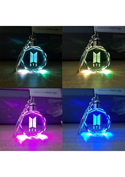 Bts Kpop Led Işıklı Renkli Kristal Anahtarlık Lazer Kazımalı Cam Anahtarlık Okul Çantası (Yurt Dışından)