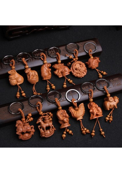 No.7 Boyutu Çin Tarzı Zodyak Anahtarlık Doğal Kırmızı Ahşap Kolye Narin Oymalı Şanslı Buddha Araba Anahtar Süslemeleri (Yurt Dışından) modelleri