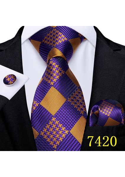 No.1493 Boyutu Dibangu Erkek Kravat Seti Mor Paisley Dokuma Ipek Kravat Şık Boyun Atkısı Cebi Kare Kol Düğmeleri Formal Parti Için (Yurt Dışından)