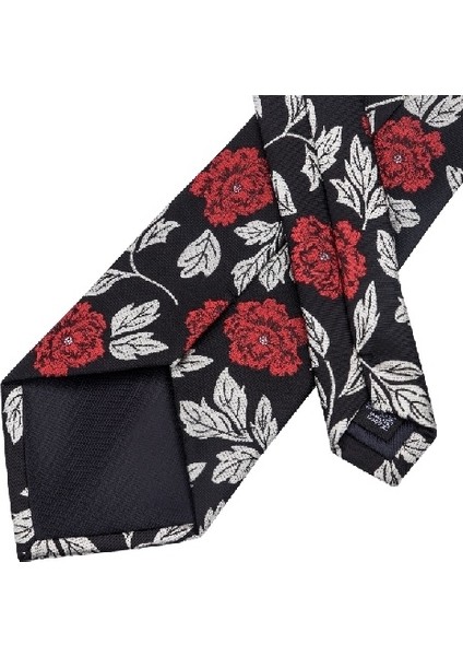 Siyah & Kırmızı Tarzı 150Cm*8.5Cm Jakar Dokuma Siyah Çiçek Desenli Kravat Mendil Kol Düğmesi Seti Düğün Parti Kravatı (Yurt Dışından)