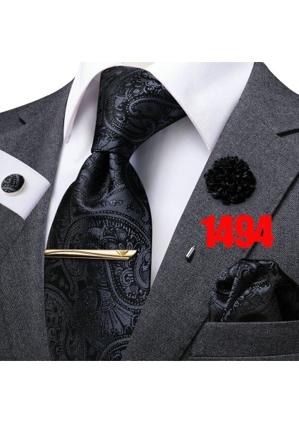 No.1494 Beden Hi-Tie Cla.5Cm Kravat Seti Erkekler Için Çizgili Düz Kravat Moda Boutonniere Ipek Kravat Mendil Kol Düğmesi Kravat Klipsi Iş Parti (Yurt Dışından)