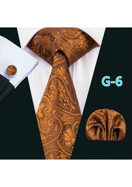 Altın Tarzı G-11 Erkekler Için Sarı Altın Paisley Desenli Formal Set Ipek Kravat Mendil Kol Düğmesi (Yurt Dışından)