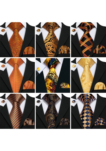 Altın Tarzı G-14 Erkekler Için Sarı Altın Paisley Desenli Formal Set Ipek Kravat Mendil Kol Düğmesi (Yurt Dışından)