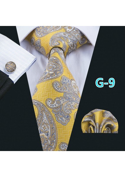 Altın Tarzı G-14 Erkekler Için Sarı Altın Paisley Desenli Formal Set Ipek Kravat Mendil Kol Düğmesi (Yurt Dışından)
