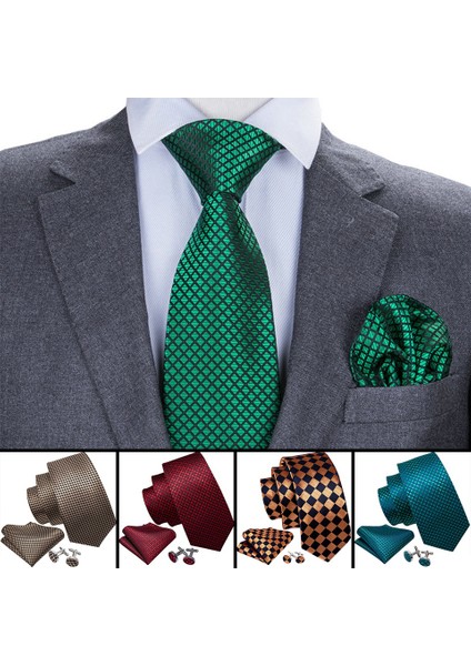 Çok Renkli Stil No.5132 Boyutu Erkekler Için Lüks Ipek Kravat Iş Plaid Kontroller Dokuma Mendil Kol Düğmesi Formal Set (Yurt Dışından)
