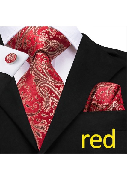 Kırmızı Stil 8,5 Cm Hi-Tie Erkek Paisley Çiçekli Ipek Kravat Mendil Kol Düğmesi Seti (Yurt Dışından)
