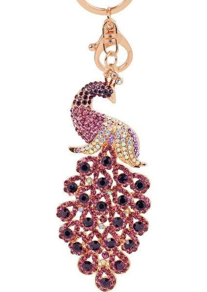 Mor Tarzı Kristal Altın Rengi 3D Renkli Tavus Kuşu Zincir Şanslı Kolye Anahtarlık Anahtarlık (Yurt Dışından)