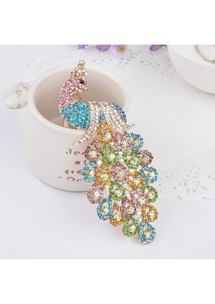 Mor Tarzı Kristal Altın Rengi 3D Renkli Tavus Kuşu Zincir Şanslı Kolye Anahtarlık Anahtarlık (Yurt Dışından) modelleri