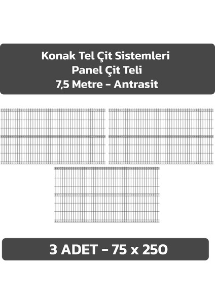 3 Adet Panel Çit Teli 75 x 250 cm 4 mm Tel Kalınlığı 55 x 150 mm Göz Aralığı