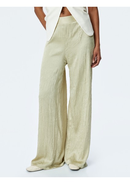 Dokulu Yüksek Bel Geniş Paça Saten Palazzo Pantolon modelleri