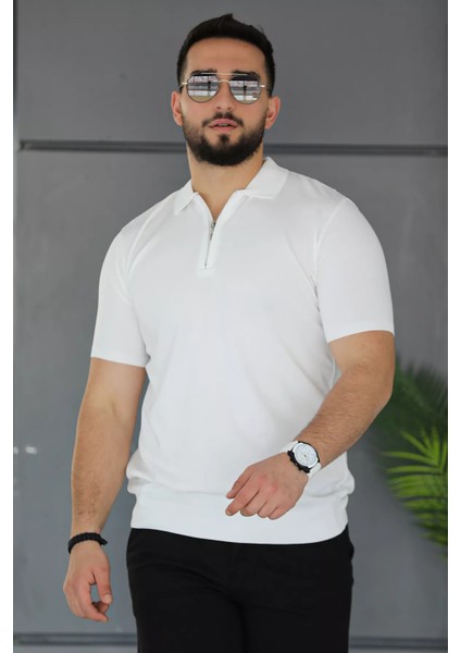 Polo Yaka Yarım Fermuarlı Likralı Erkek Tişört