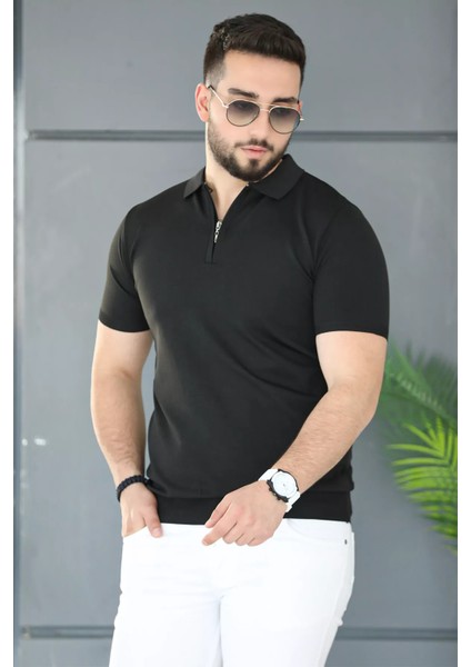Polo Yaka Yarım Fermuarlı Likralı Erkek Tişört P-00011199