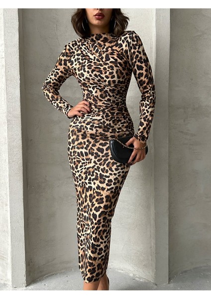 Kadın Leopar Desenli Drape Detay Uzun Elbise