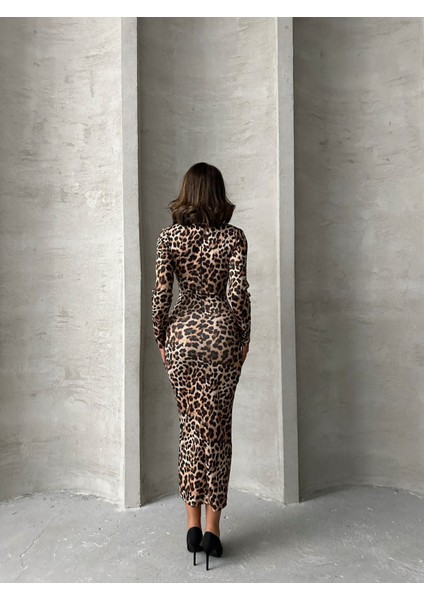 Kadın Leopar Desenli Drape Detay Uzun Elbise