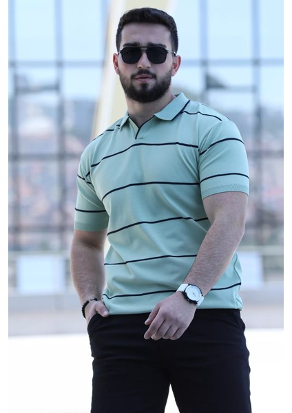 Çizgi Desen Eteği ve Kolu Lastikli Polo Yaka Erkek Triko Tişört