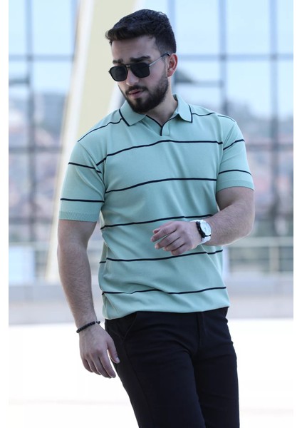Çizgi Desen Eteği ve Kolu Lastikli Polo Yaka Erkek Triko Tişört fiyatları