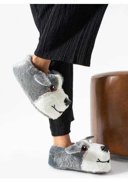 Köpek Figürlü Yumuşak Taban Füme Kadın Panduf Ev Botu