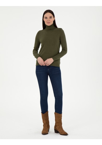 Kadın Haki Slim Fit Basic Kazak 50290579-VR238