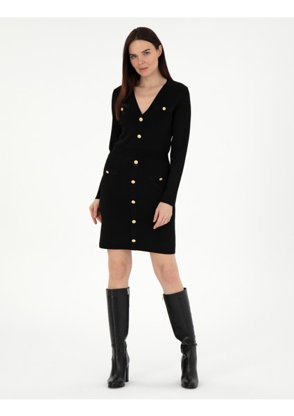 Kadın Siyah Slim Fit Triko Elbise 50290605-VR046