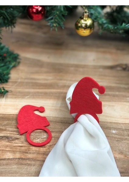 6'lı Kırmızı Keçe Dekoratif Yılbaşı Sofra Sunum Peçete Halkası Peçete Yüzüğü Noel Baba Şapkası Figür