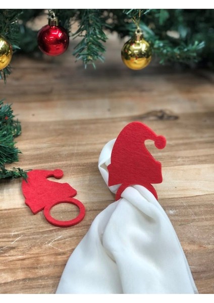 6'lı Kırmızı Keçe Dekoratif Yılbaşı Sofra Sunum Peçete Halkası Peçete Yüzüğü Noel Baba Şapkası Figür fiyatları