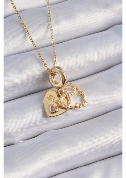 Gold Renk Zirkon Taşlı Sonsuzluk Kalp Figür Charm Model Kadın Kolye - EBJ241012W28467