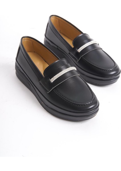 Kadın Önü Parlak Taş Detaylı Rahat Taban Günlük Ayakkabı Loafer