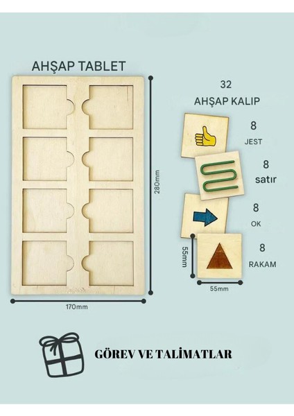 Nöro Tablet, Şekiller, 32 Adet Kalıp (8 Jest - 8 Satır - 8 Ok - 8 Şekil) Eğitici Oyuncak, Duyusal Oyuncak