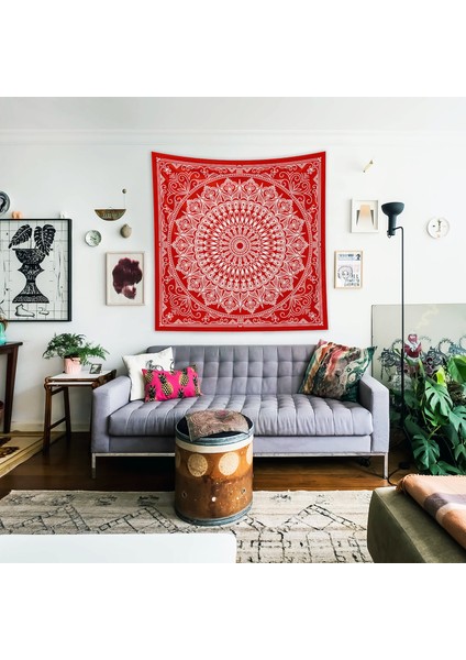 Red Bohemian Mandala Duvar Örtüsü - 135 cm x 135 cm