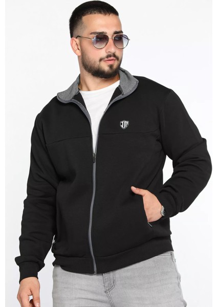 Erkek Dik Yaka Fermuarlı Şardonlu Üç Iplik Sweatshirt