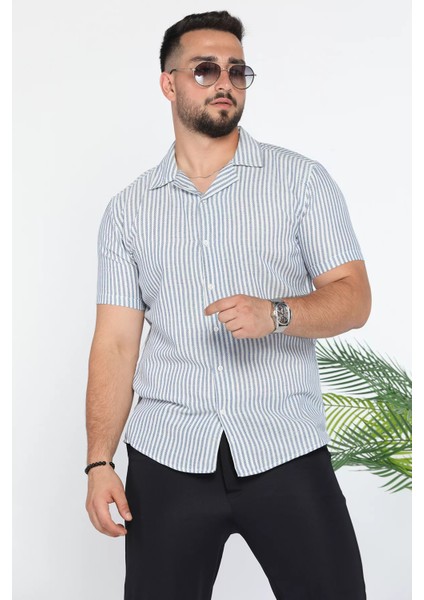 Slim Fit Çizgili Keten Erkek Gömlek
