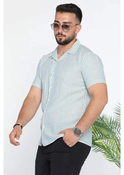 Slim Fit Çizgili Keten Erkek Gömlek