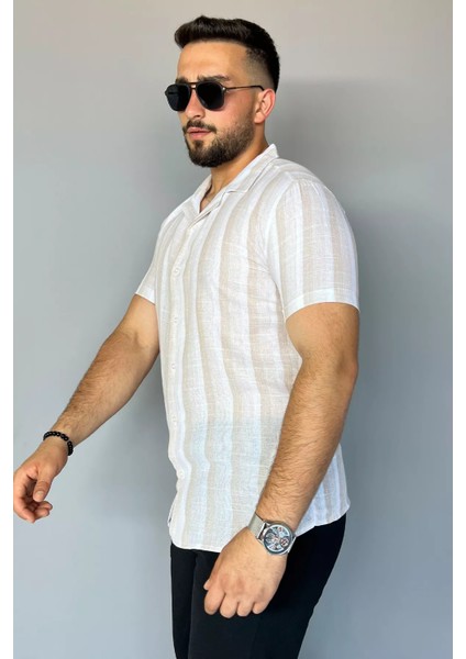 Slim Fit Desenli Keten Gömlek
