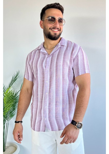Slim Fit Desenli Keten Gömlek