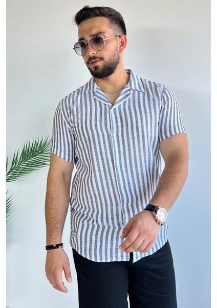 Slim Fit Desenli Keten Gömlek