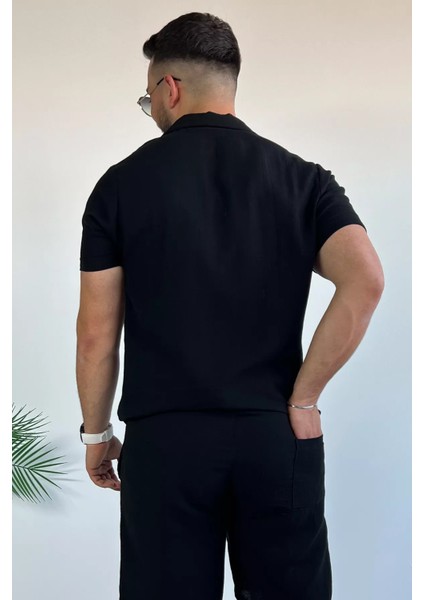 Erkek Gömlek Şort Keten İkili Takım