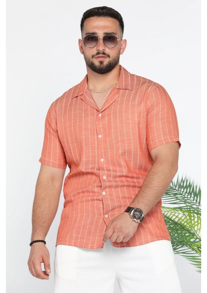 Slim Fit Desenli Keten Gömlek